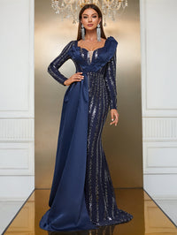 Yisikado Contrast Sequin Draped Detail Floor Length Formal Dress-MGN765