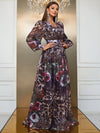 Yisikado Leopard & Floral Print Lantern Sleeve Chiffon Dress-MGN811