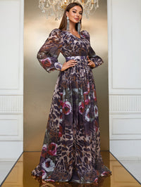 Yisikado Leopard & Floral Print Lantern Sleeve Chiffon Dress-MGN811