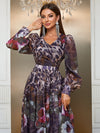 Yisikado Leopard & Floral Print Lantern Sleeve Chiffon Dress-MGN811