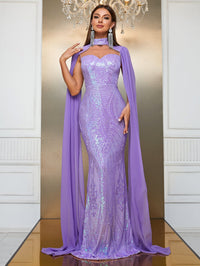 Yisikado Contrast Sequin Cloak Sleeve Mermaid Hem Formal Dress-MGT790