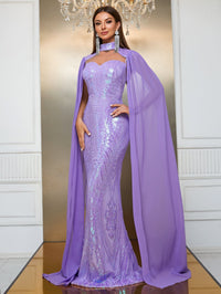 Yisikado Contrast Sequin Cloak Sleeve Mermaid Hem Formal Dress-MGT790