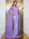 Yisikado Contrast Sequin Cloak Sleeve Mermaid Hem Formal Dress-MGT790