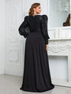 Yisikado Plus Sequin Insert Lantern Sleeve Belted Maxi Formal Dress-FMGW812