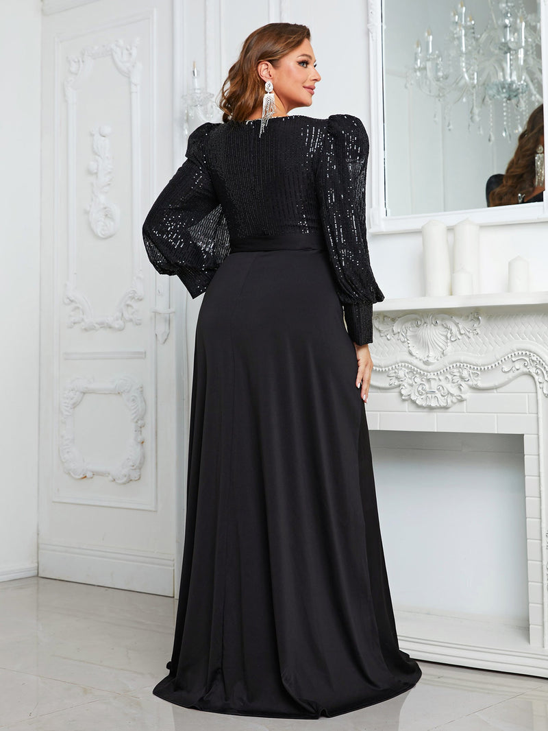 Yisikado Plus Sequin Insert Lantern Sleeve Belted Maxi Formal Dress-FMGW812