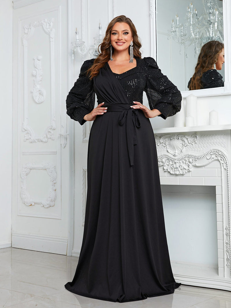 Yisikado Plus Sequin Insert Lantern Sleeve Belted Maxi Formal Dress-FMGW812