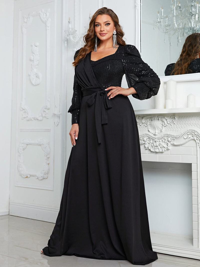 Yisikado Plus Sequin Insert Lantern Sleeve Belted Maxi Formal Dress-FMGW812