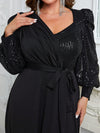 Yisikado Plus Sequin Insert Lantern Sleeve Belted Maxi Formal Dress-FMGW812