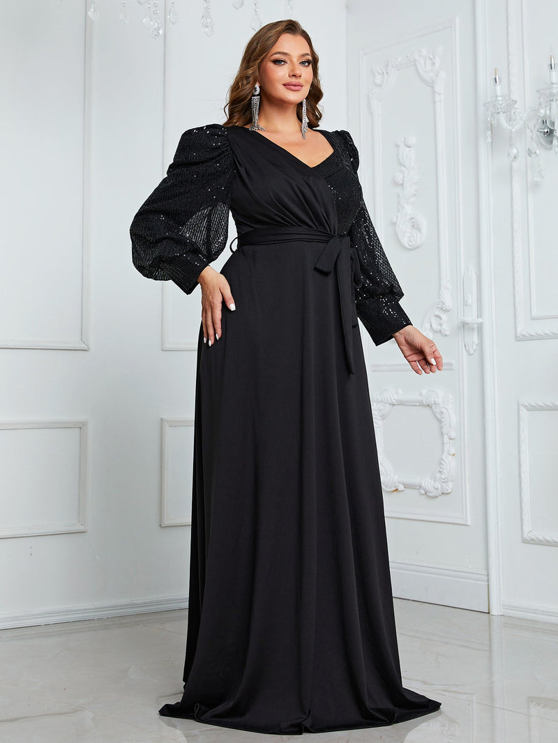 Yisikado Plus Sequin Insert Lantern Sleeve Belted Maxi Formal Dress-FMGW812