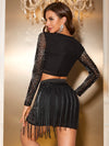 Yisikado Rhinestone Detail Crop Top & Fringe Hem Bodycon Skirt-MGZ742