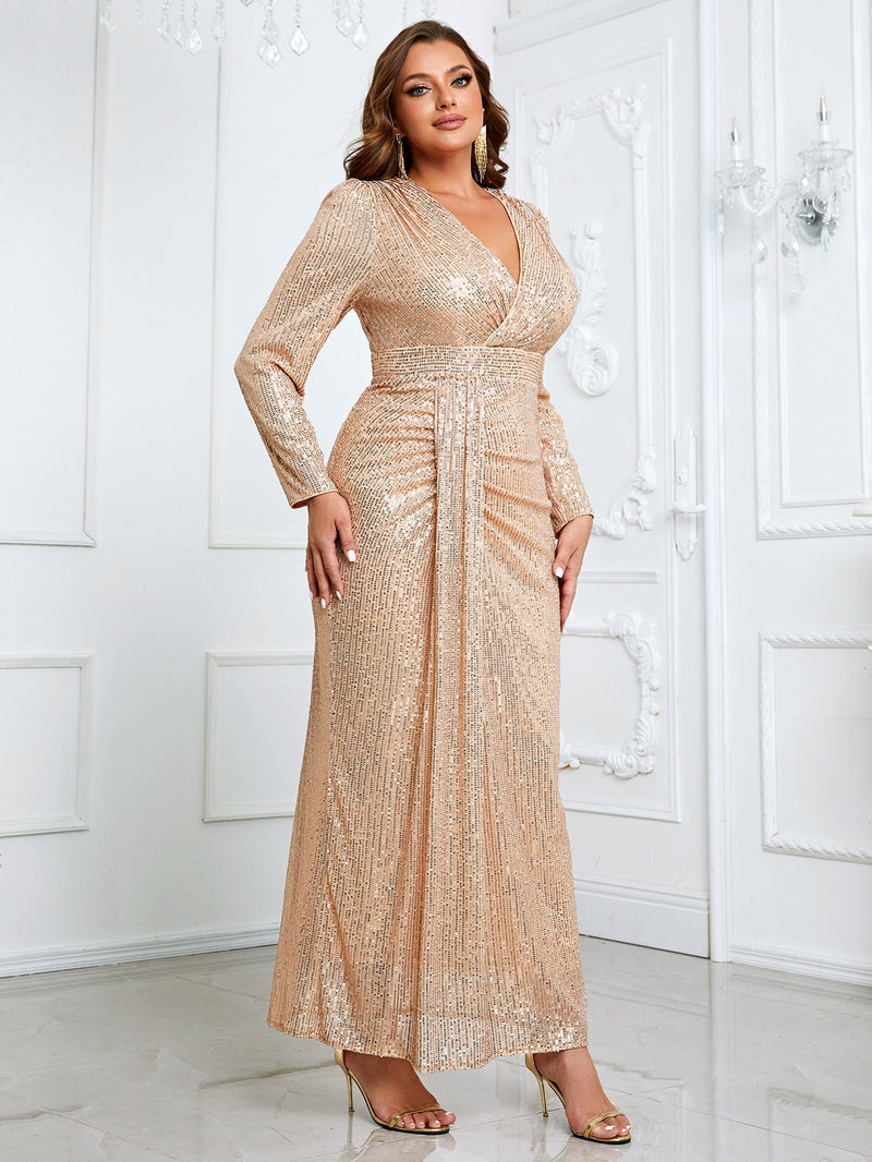 Yisikado Plus Ruched Sequin Formal Dress-FMGT725