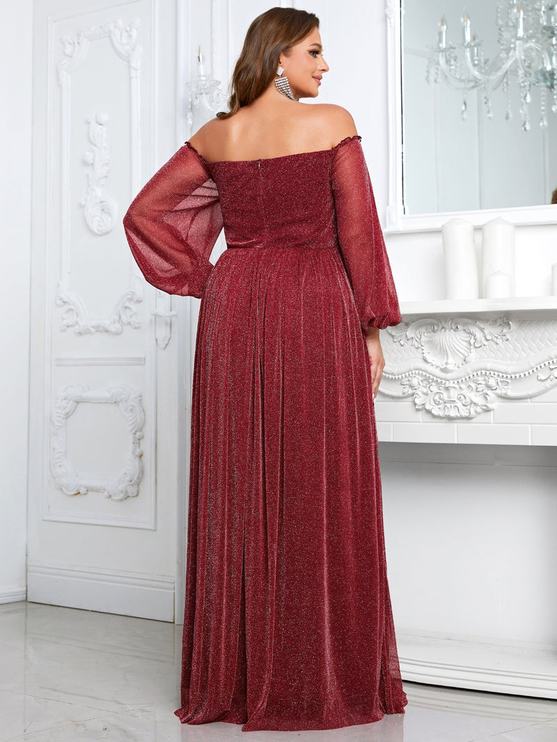 Yisikado Plus Off Shoulder Lantern Sleeve Glitter Formal Dress-FSSN1213