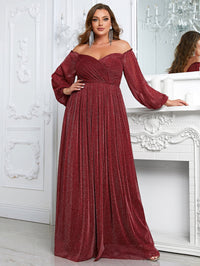 Yisikado Plus Off Shoulder Lantern Sleeve Glitter Formal Dress-FSSN1213