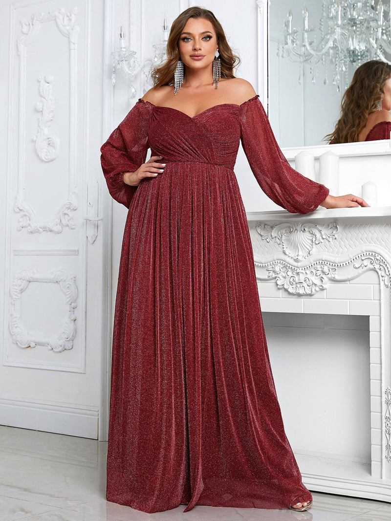 Yisikado Plus Off Shoulder Lantern Sleeve Glitter Formal Dress-FSSN1213