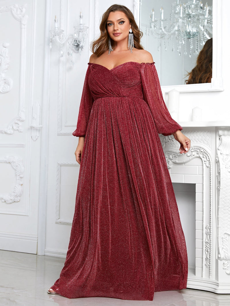 Yisikado Plus Off Shoulder Lantern Sleeve Glitter Formal Dress-FSSN1213