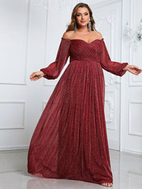 Yisikado Plus Off Shoulder Lantern Sleeve Glitter Formal Dress-FSSN1213