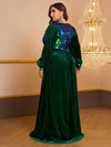 Yisikado Plus Contrast Sequin Lantern Sleeve Velvet Prom Dress-FMGN934