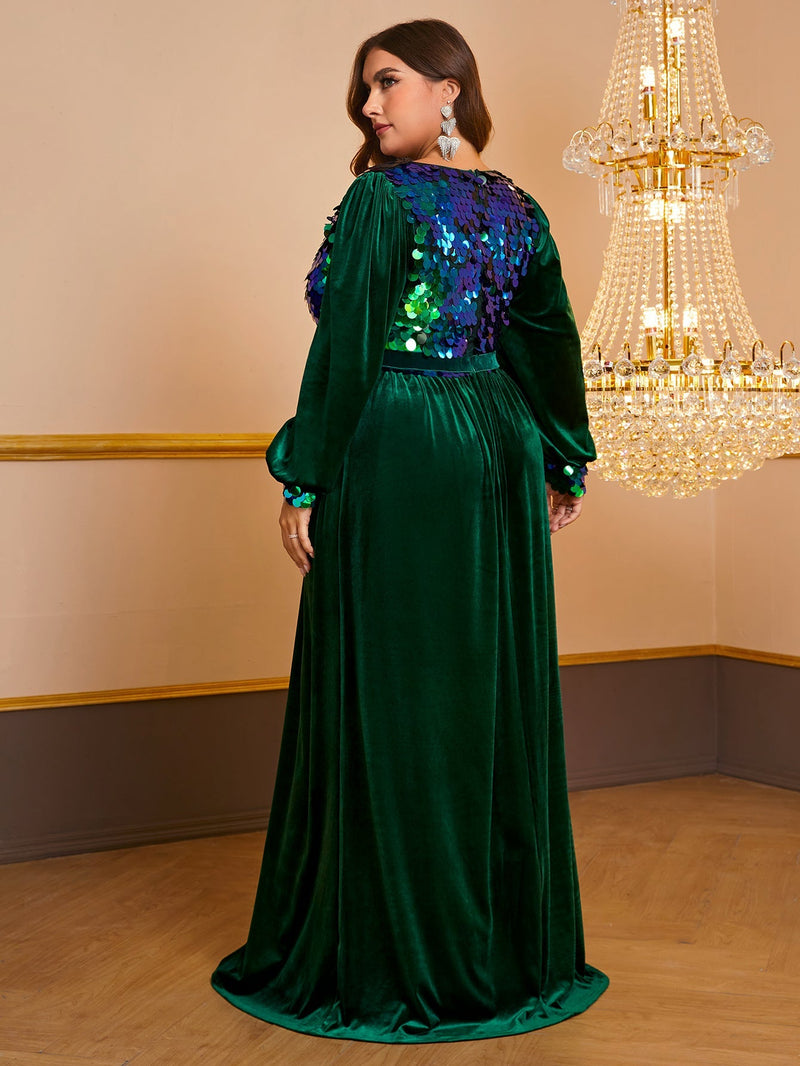 Yisikado Plus Contrast Sequin Lantern Sleeve Velvet Prom Dress-FMGN934