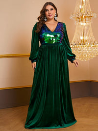 Yisikado Plus Contrast Sequin Lantern Sleeve Velvet Prom Dress-FMGN934