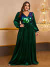 Yisikado Plus Contrast Sequin Lantern Sleeve Velvet Prom Dress-FMGN934