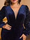 Yisikado Plus Plunging Neck Sequin Insert Velvet Prom Dress-FPS421